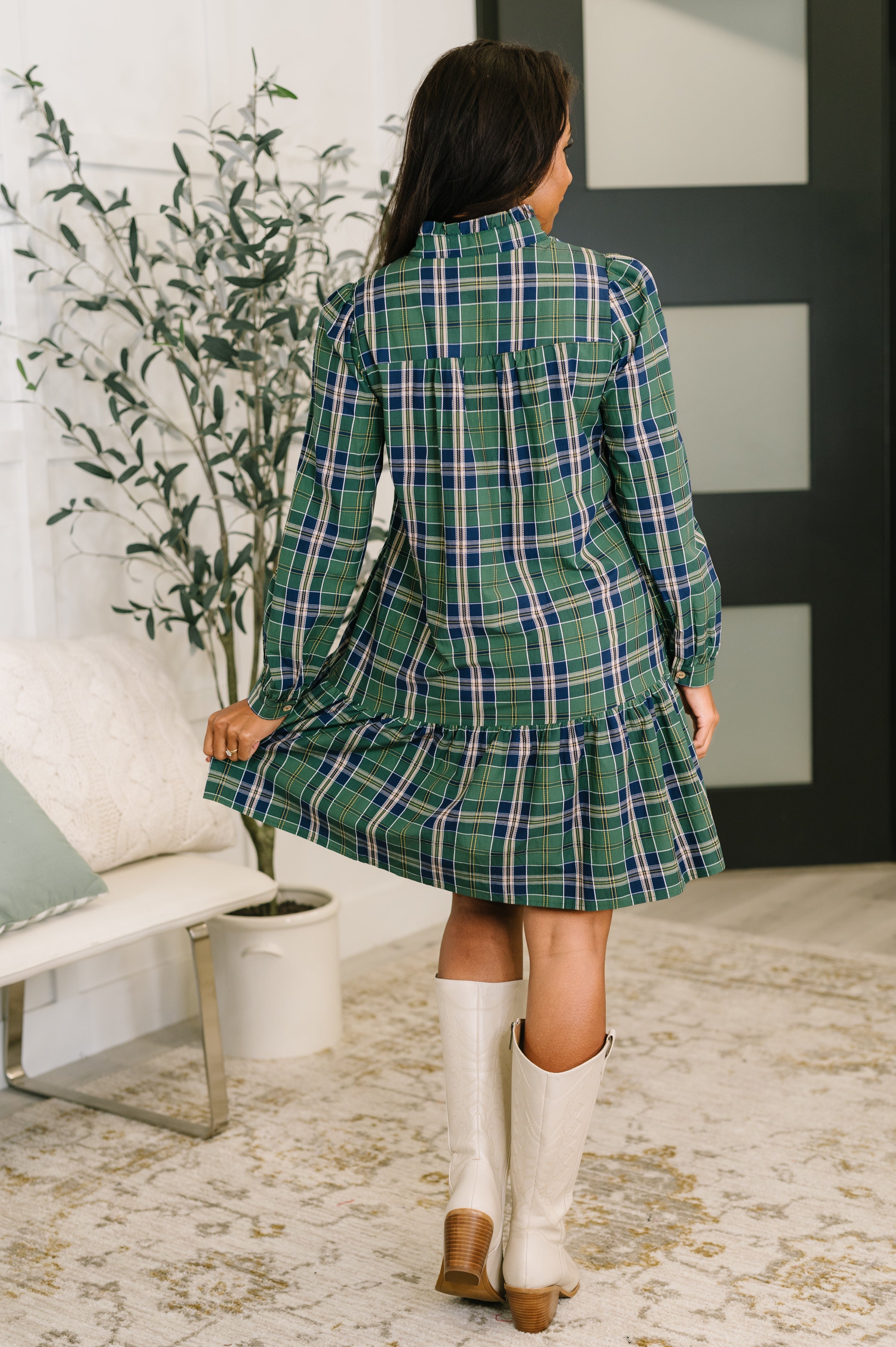 Plaid Perspective Cotton Long Sleeve Dress