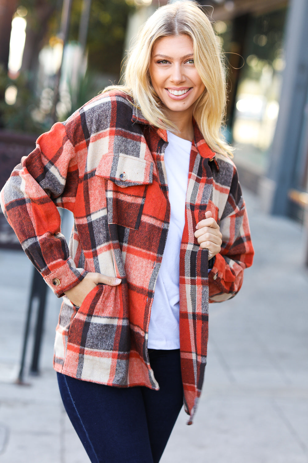 Rust Plaid Flannel Button Down Shacket -SALE-