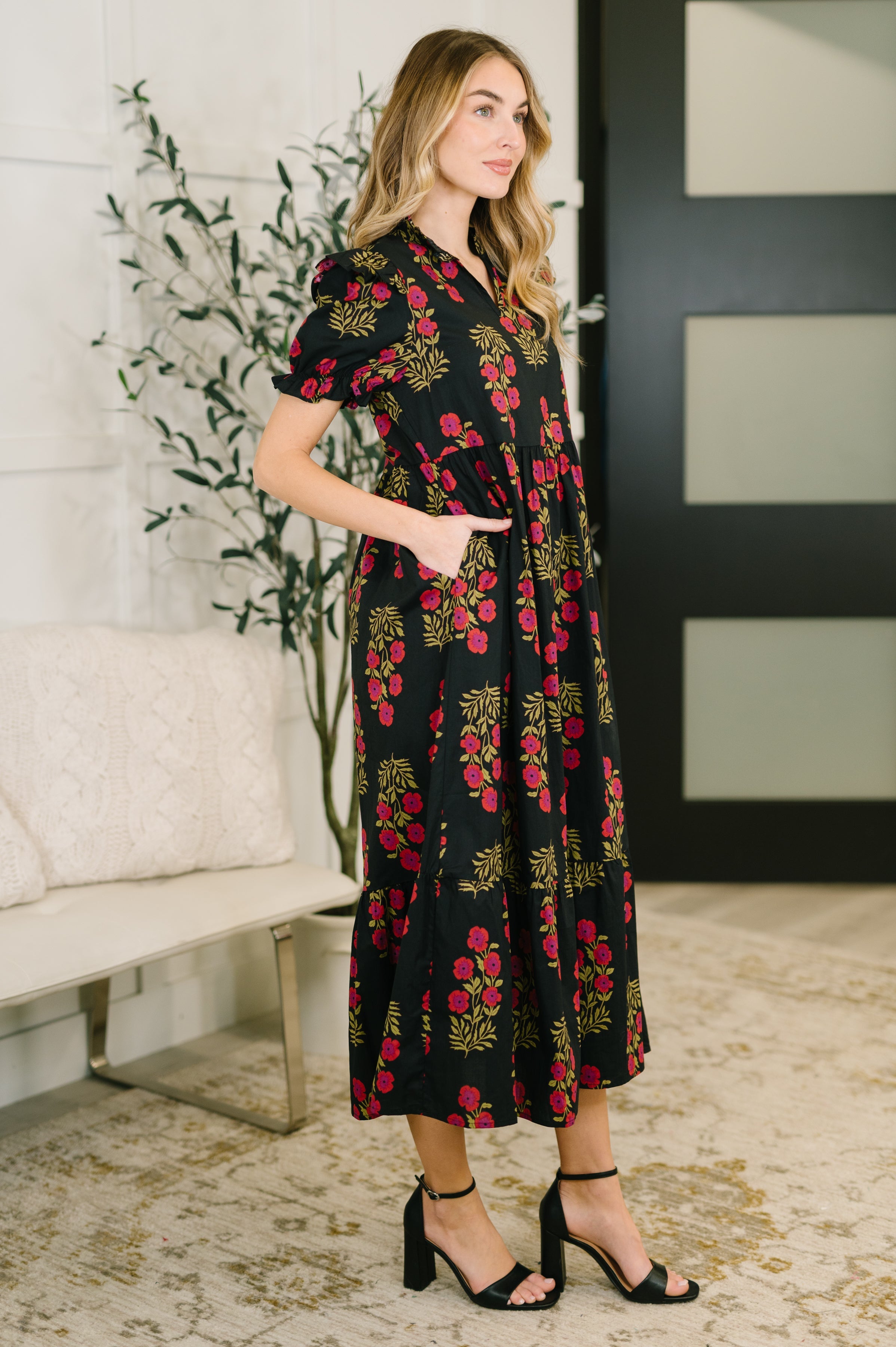Quiet Life Notch Neck Tiered Cotton Dress in Black