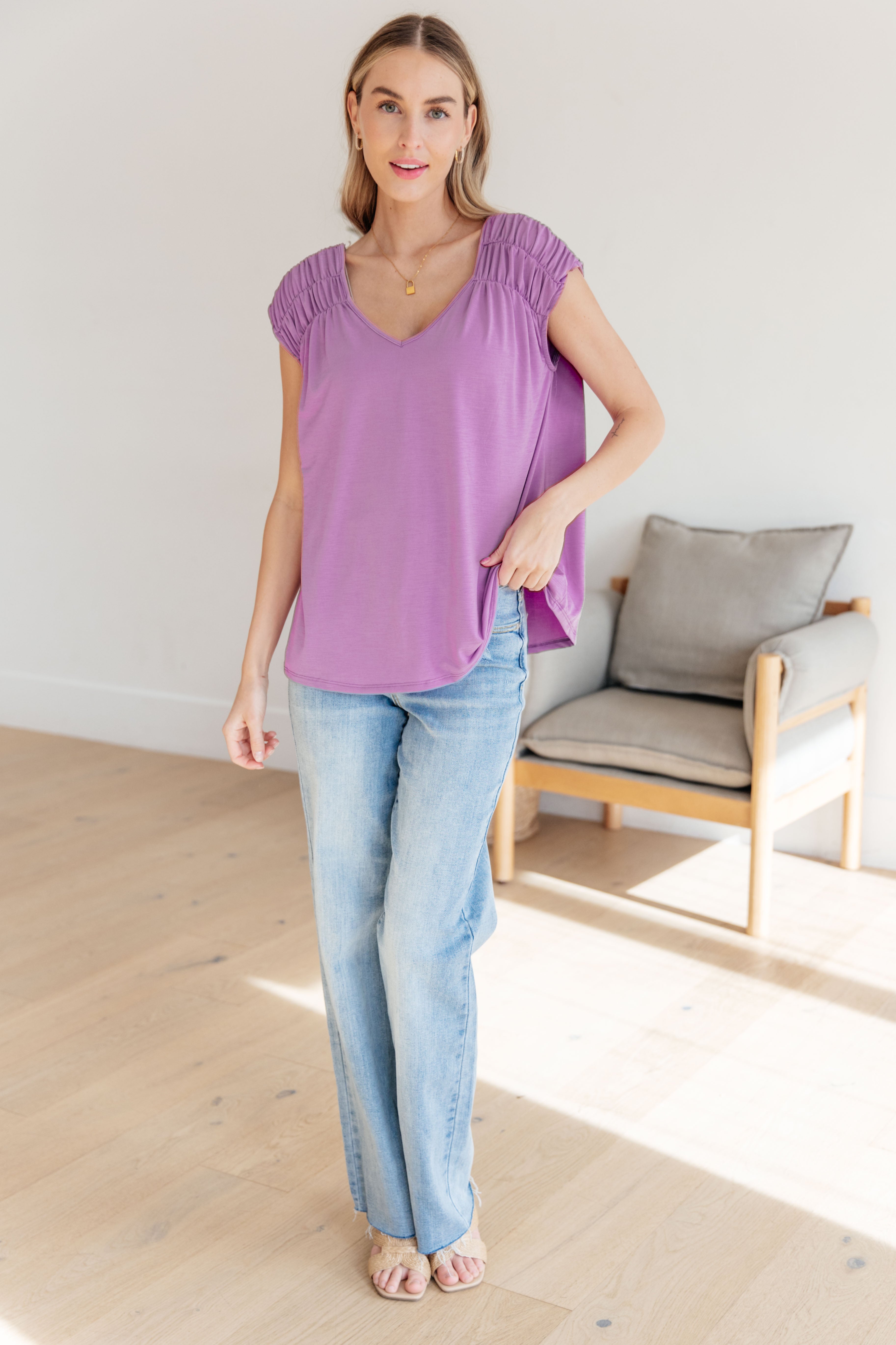 Ruched Cap Sleeve Top in Lavender