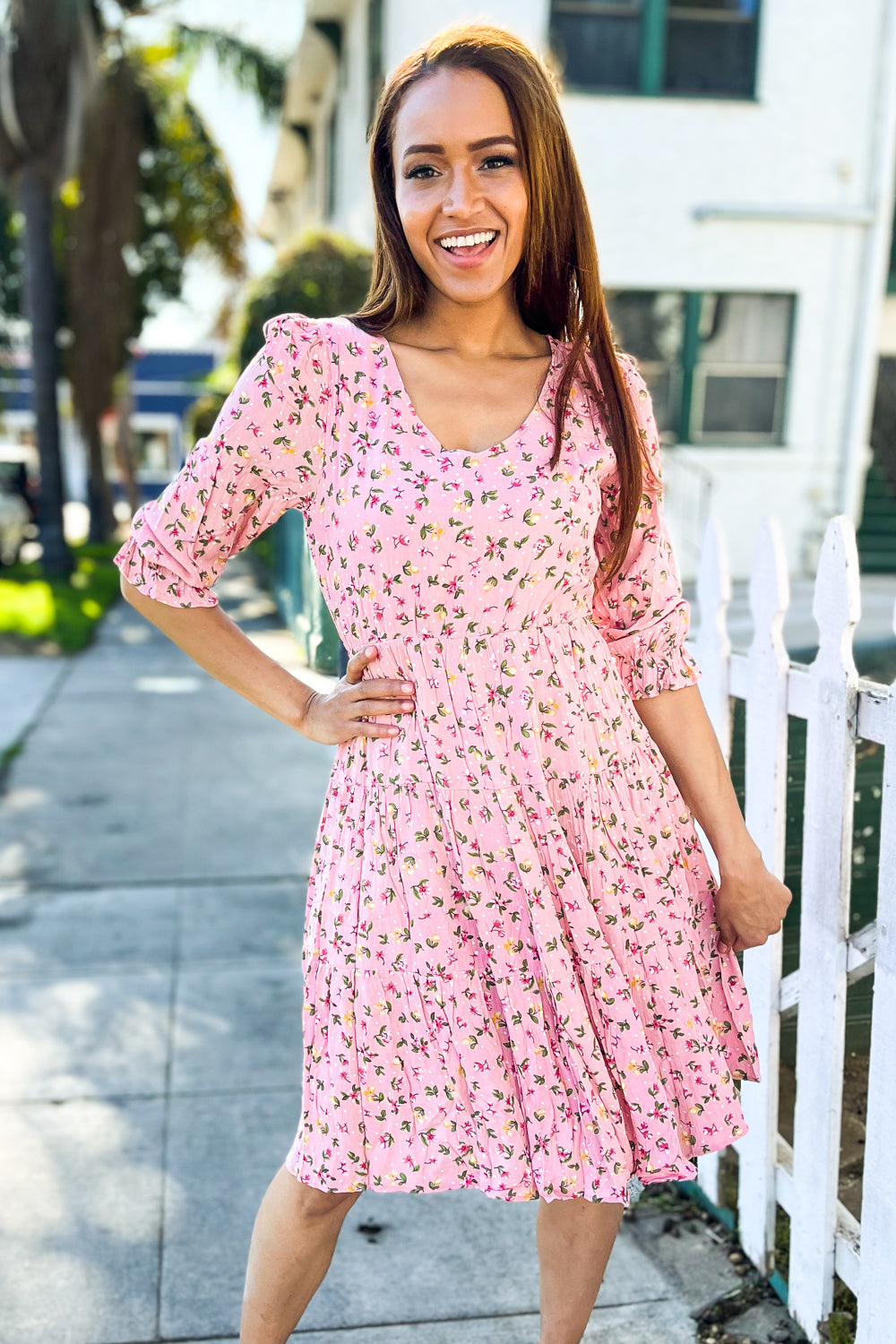 Feeling Femme Pink Ditzy Floral V Neck Tiered Lined Dress