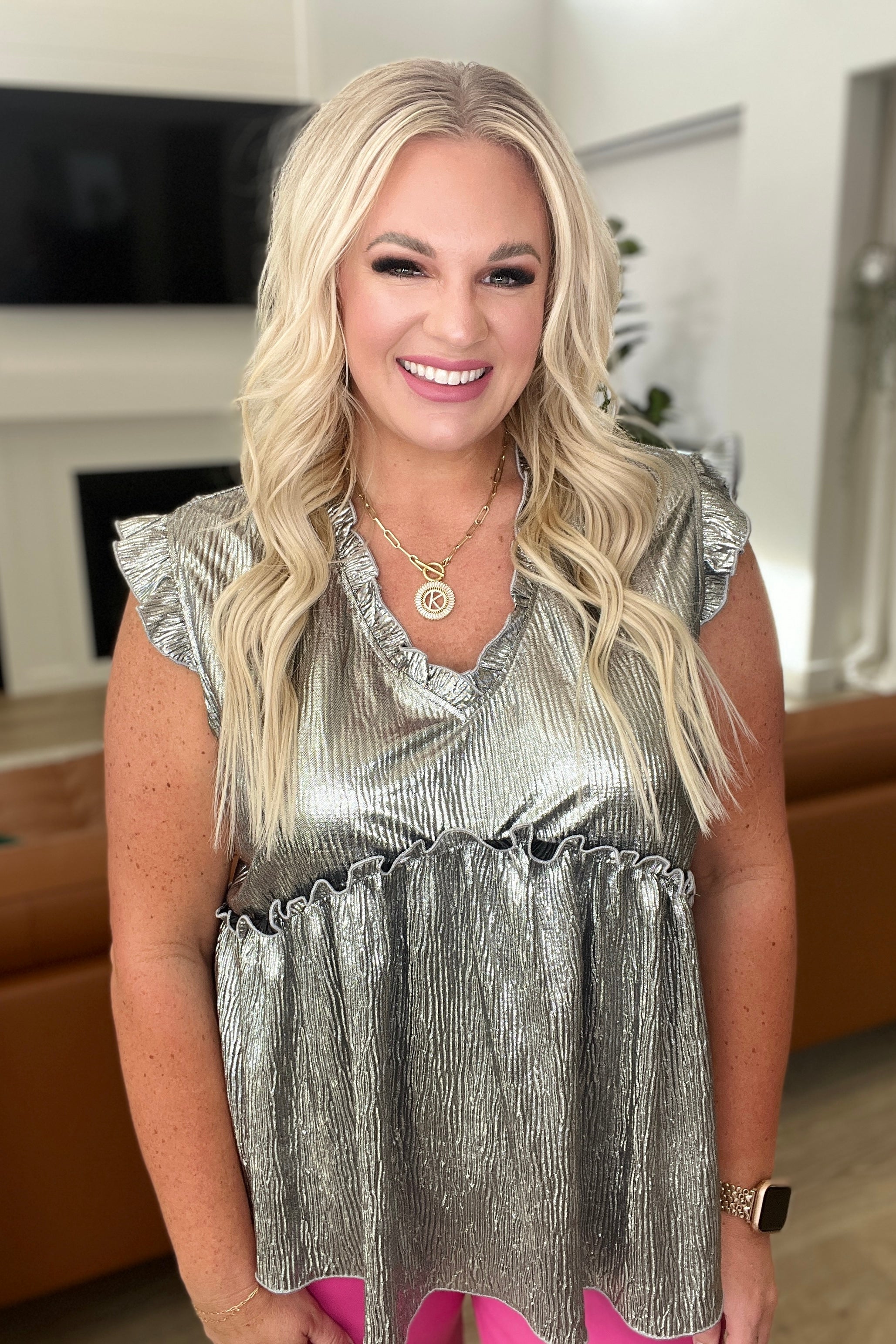 Shine On Metallic Babydoll Top