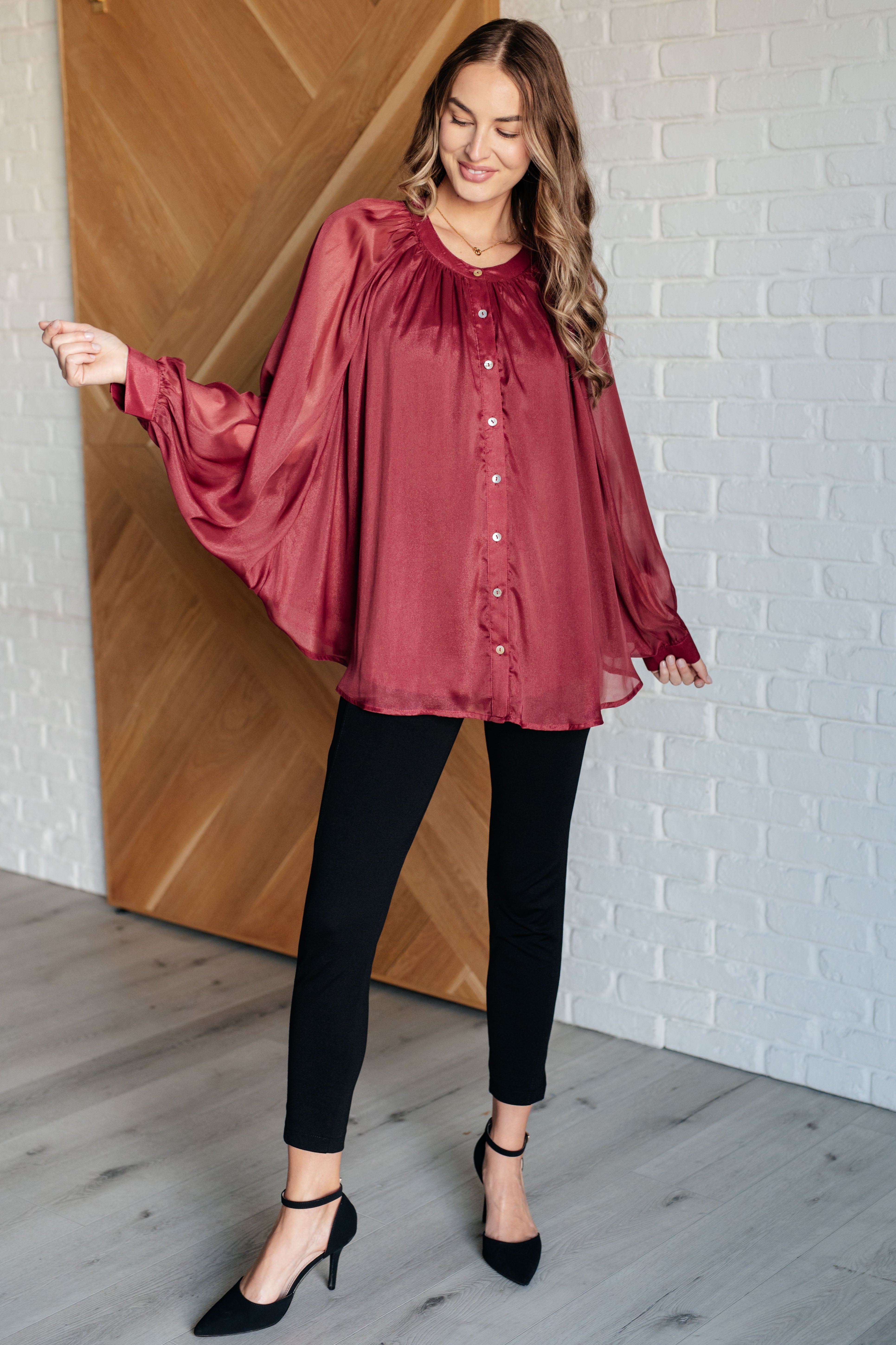 Chiffon Bat Sleeve Button Down Top