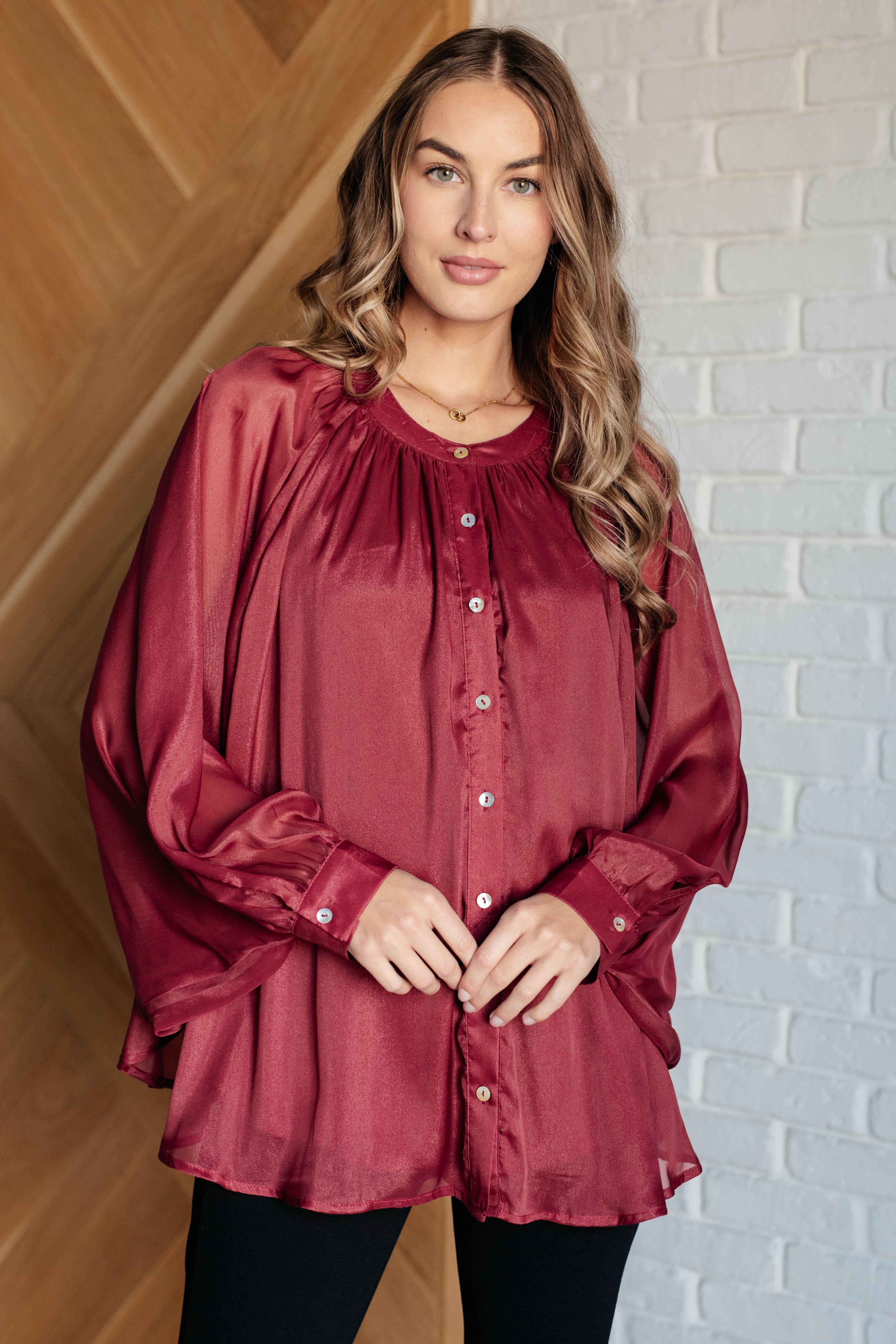 Chiffon Bat Sleeve Button Down Top