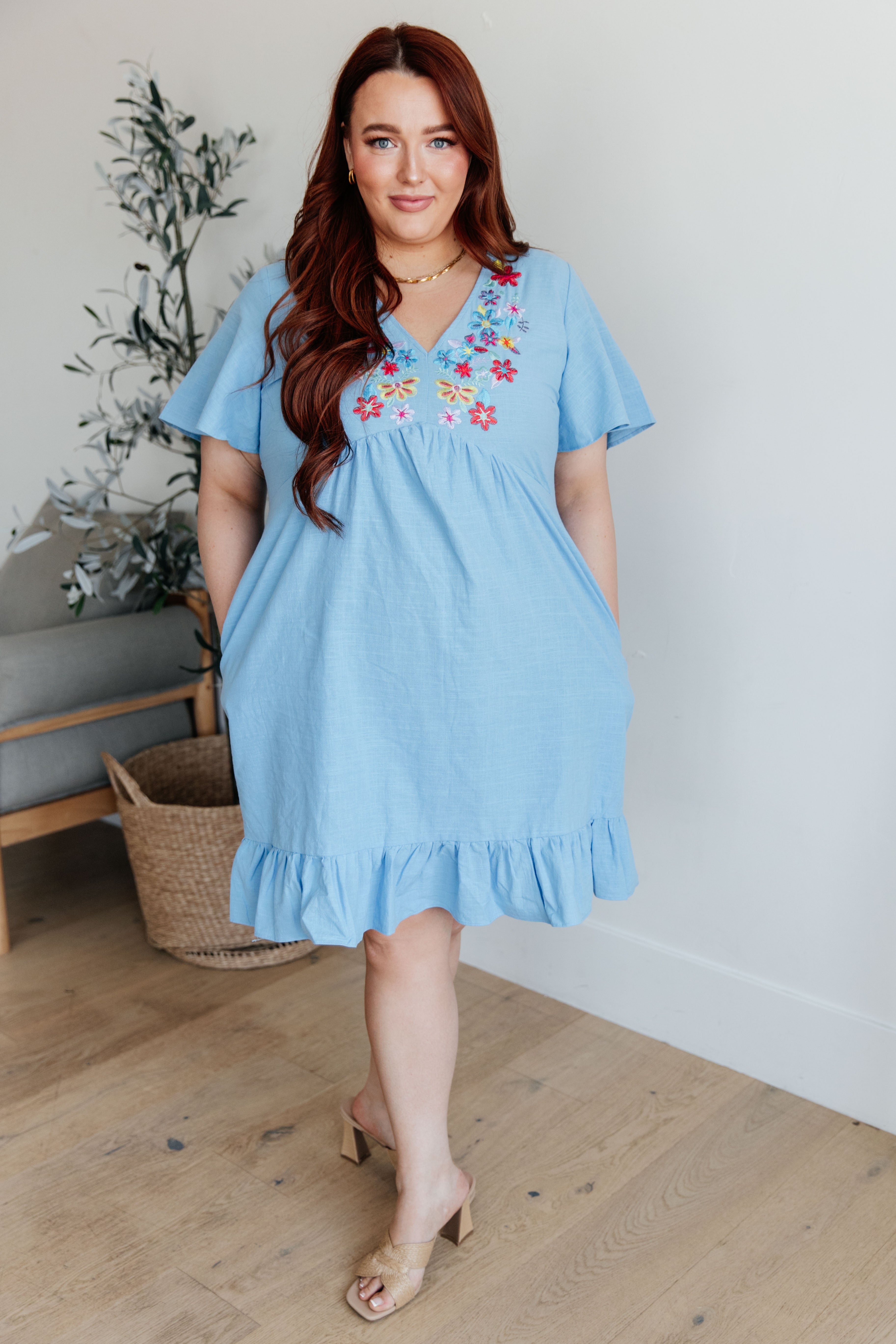 Sky Blues Floral Embroidered V-Neck Cotton Dress