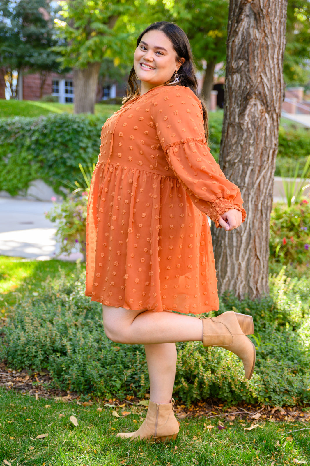 Special Feeling Swiss Dot Dress In Rust Plus Size Orange Dress -SALE- (SIZE 3XL LEFT)