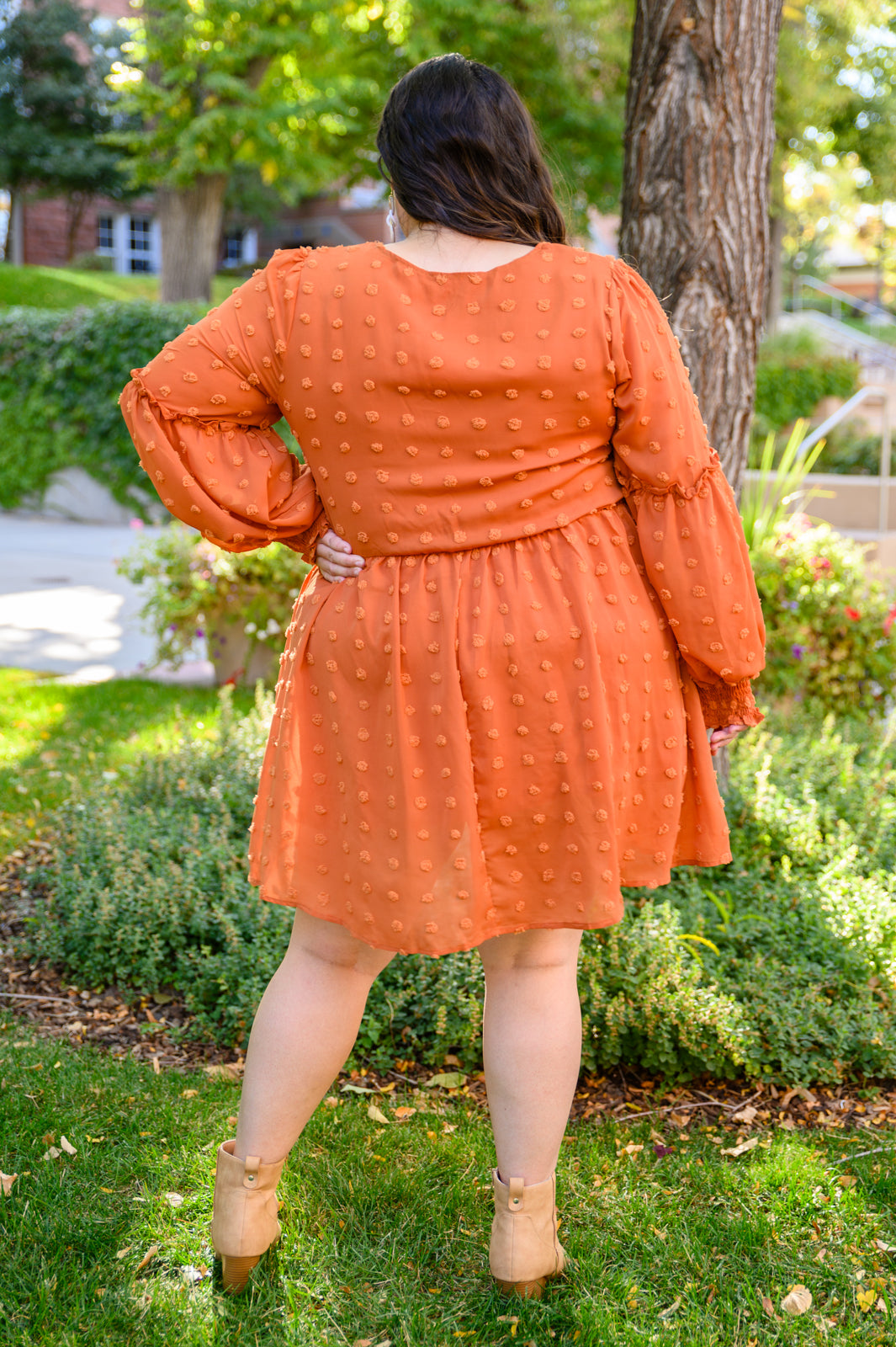 Special Feeling Swiss Dot Dress In Rust Plus Size Orange Dress -SALE- (SIZE 3XL LEFT)