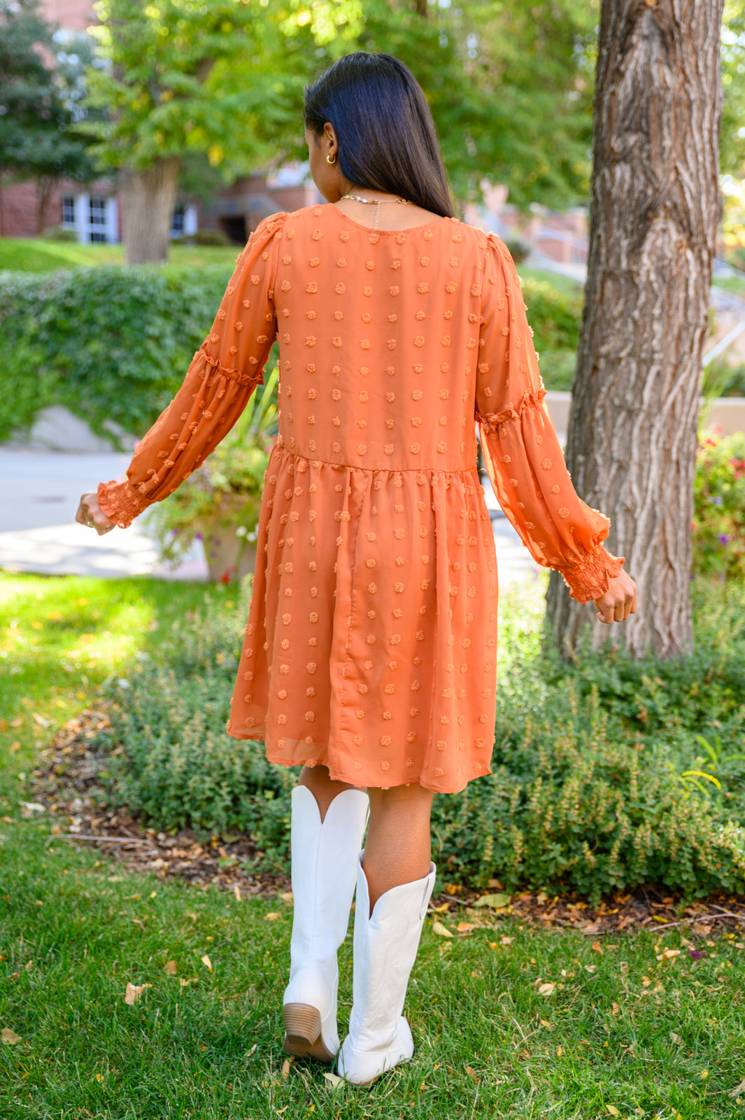 Special Feeling Swiss Dot Dress In Rust Plus Size Orange Dress -SALE- (SIZE 3XL LEFT)