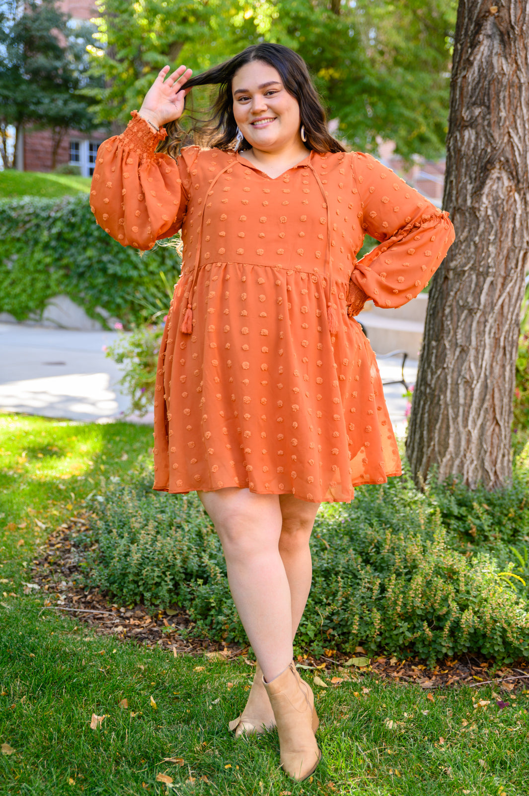 Special Feeling Swiss Dot Dress In Rust Plus Size Orange Dress -SALE- (SIZE 3XL LEFT)