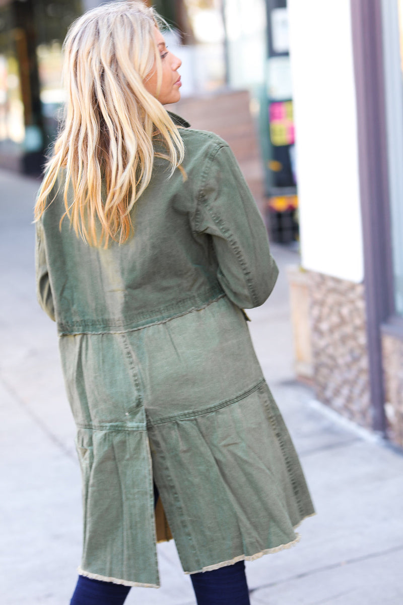 Olive Cotton Button Down Tiered Cut-Edge Long Jacket