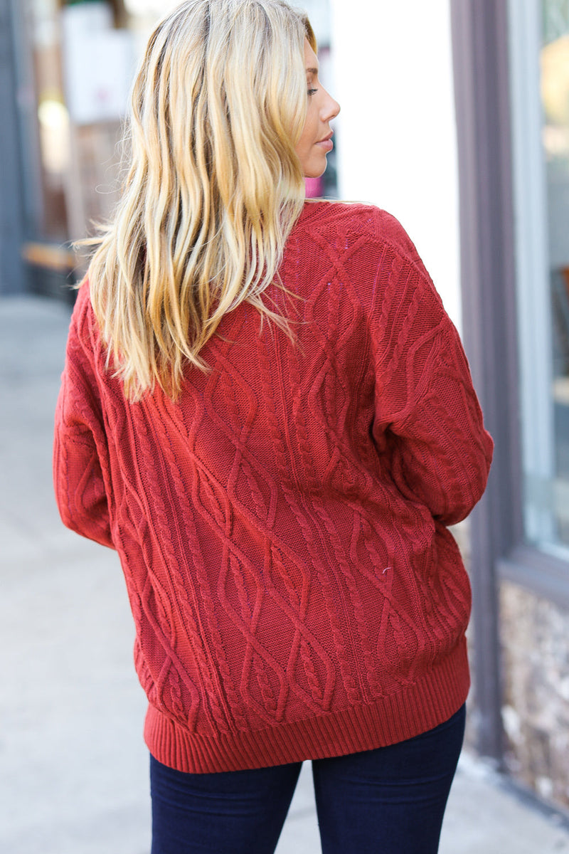 Rust Cable Knit Lace Up V Neck Sweater