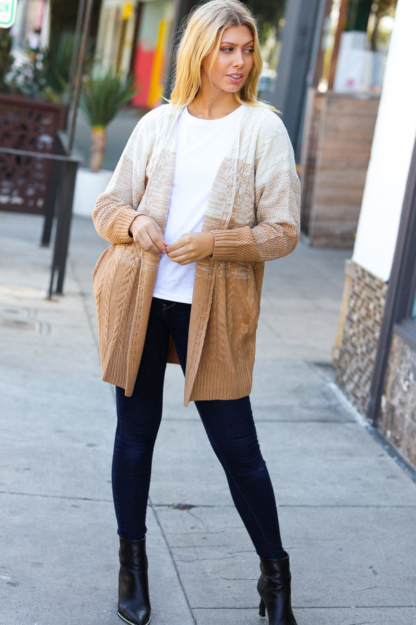 Camel Ombre Cable Knit Open Cardigan
