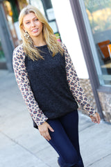 Black Hacci Sweater Knit Long Leopard Sleeve Pullover