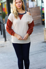 Oatmeal Textured Sweater Knit Cold Shoulder Top