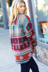 Holiday Aztec Flannel Textured Button Down Pocketed Shacket