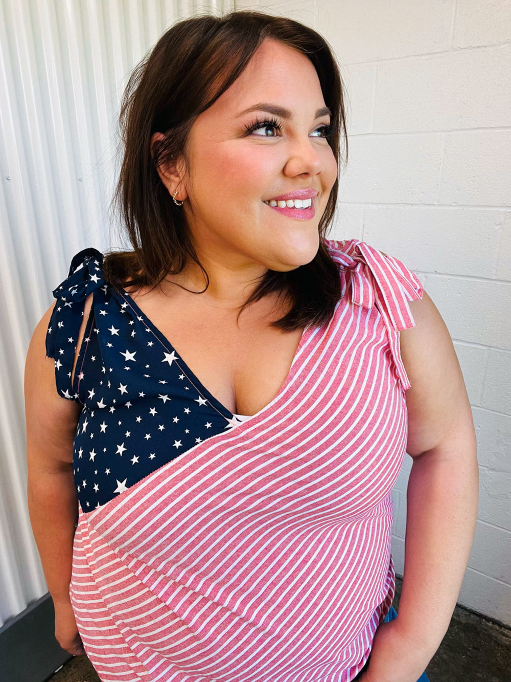 Stars & Stripes V Neck Shoulder Tie Detail Top -SALE-