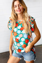 Follow Me Emerald Floral Print Double Ruffle Sleeve Top