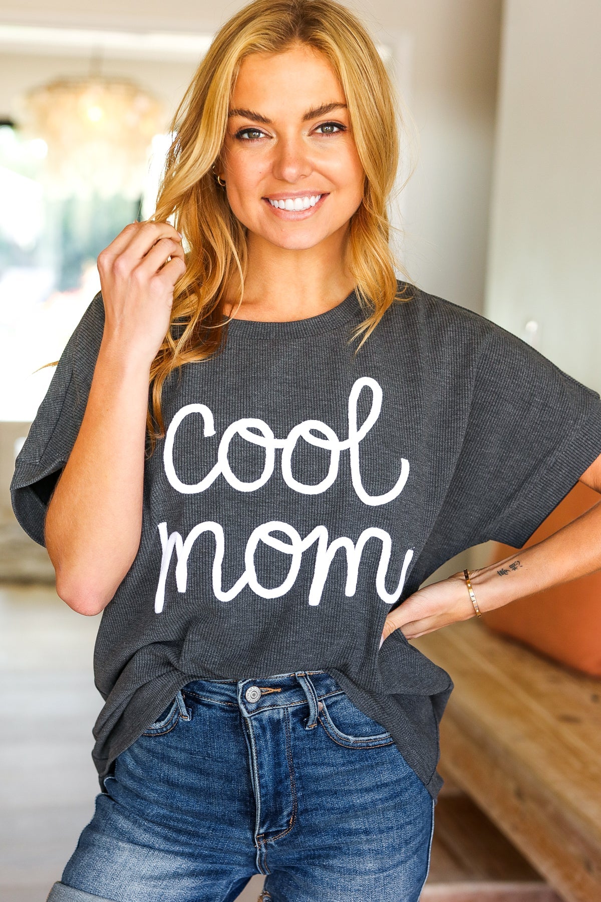 Charcoal "Cool Mom" Embroidery Pop-Up Rib Dolman Top