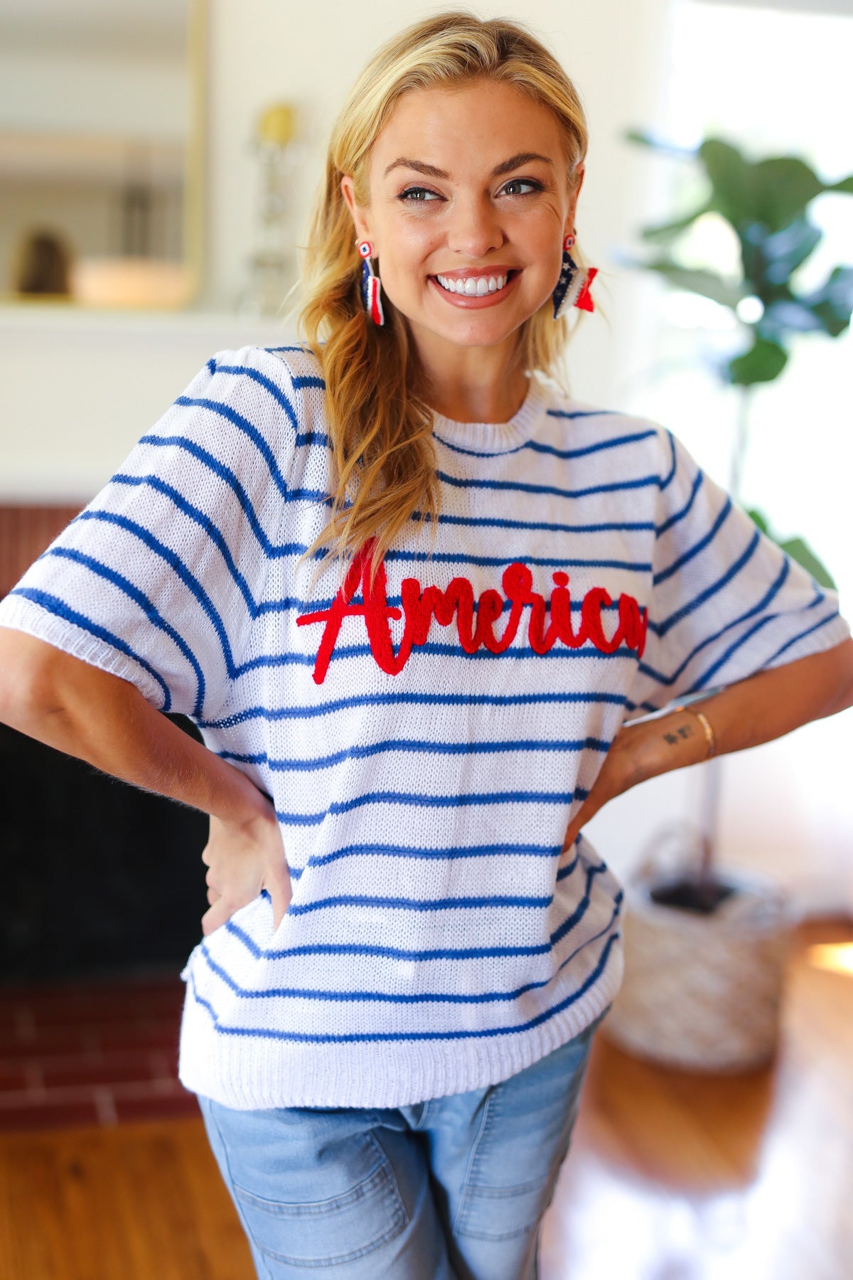 America Proud Blue Striped Embroidered Puff Sleeve Top -SALE-