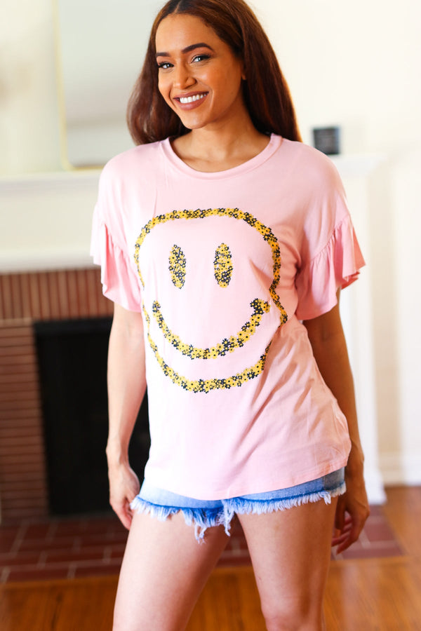 Live For Today Pink Floral Smiley Face Flutter Sleeve Tee