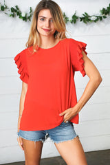 Red Smocked Ruffle Frill Sleeve Top