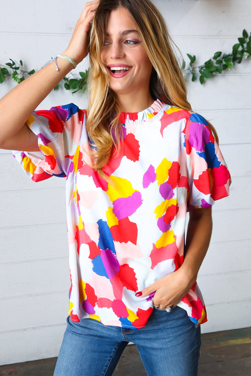 Multicolor Print Frilled Mock Neck Puff Sleeve Top