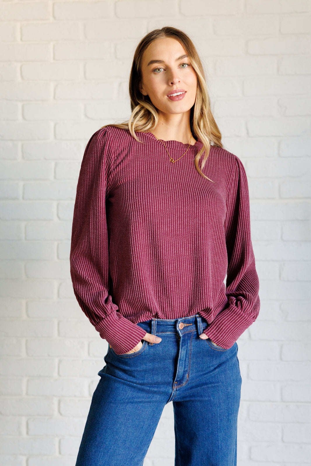 Mineral Wash Ribbed Knit Top in Wine