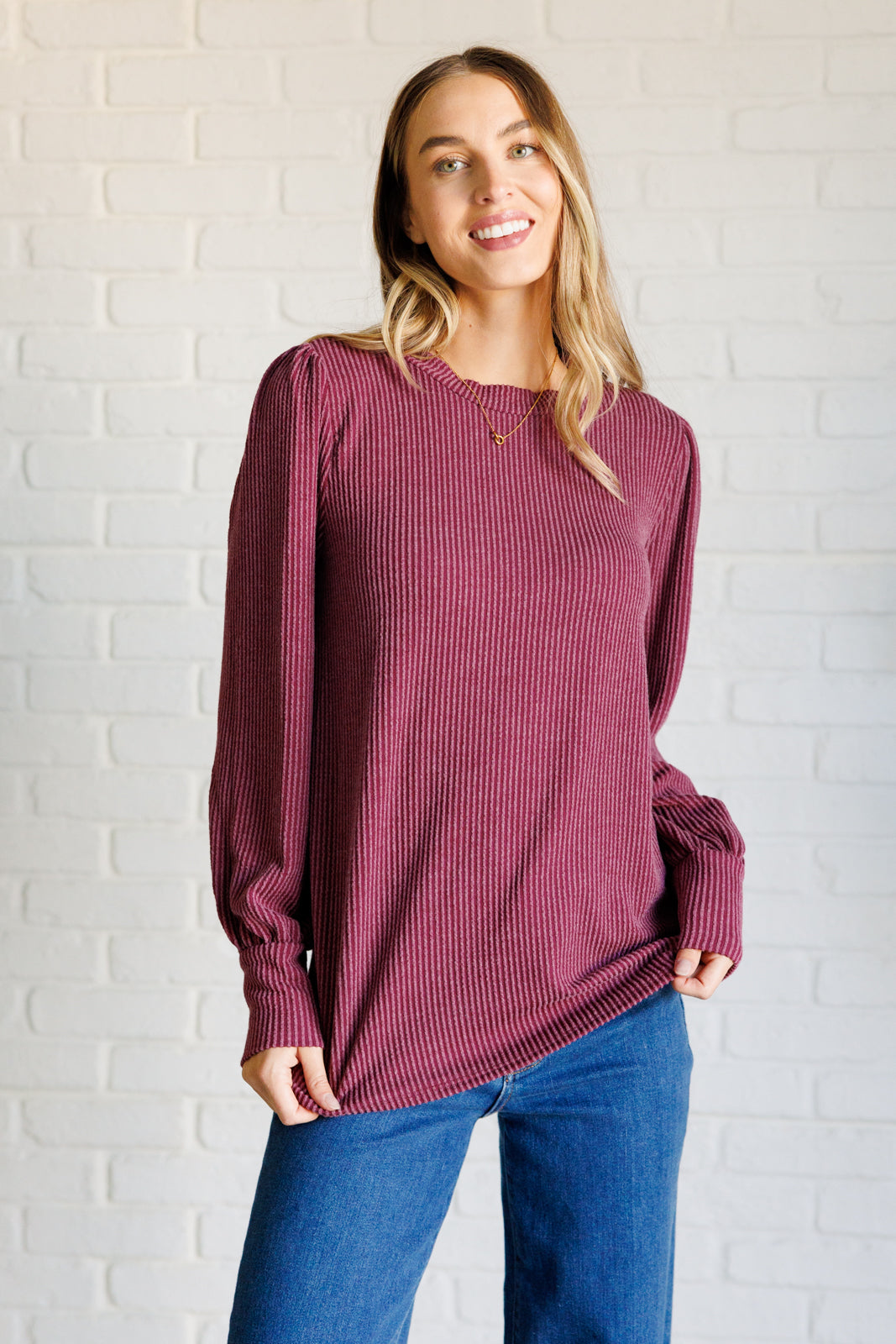 Mineral Wash Ribbed Knit Top in Wine