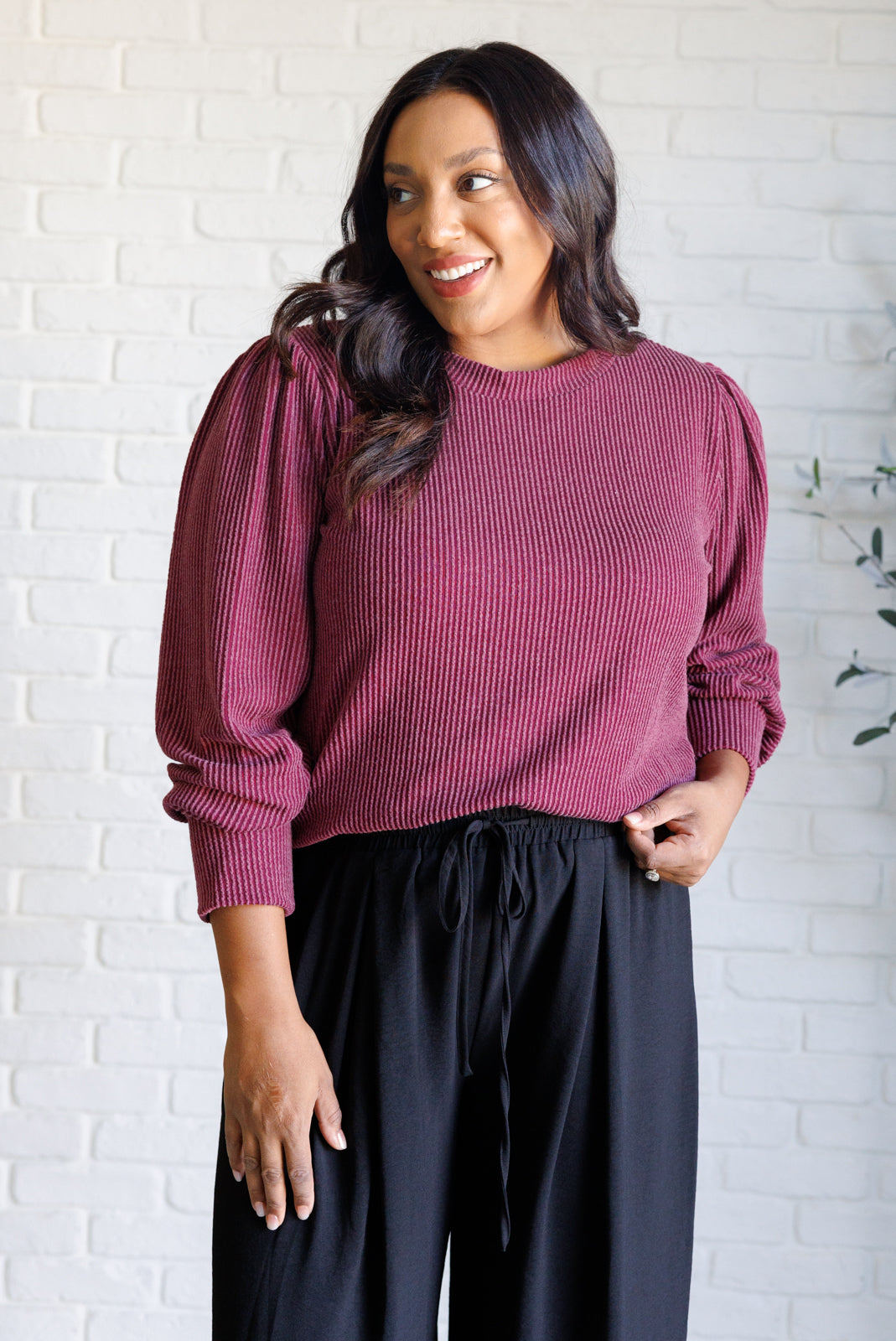 Mineral Wash Ribbed Knit Top in Wine