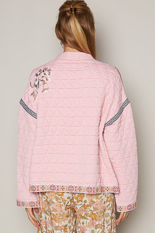 POL Quilted Embroidered Open Front Long Sleeve Jacket