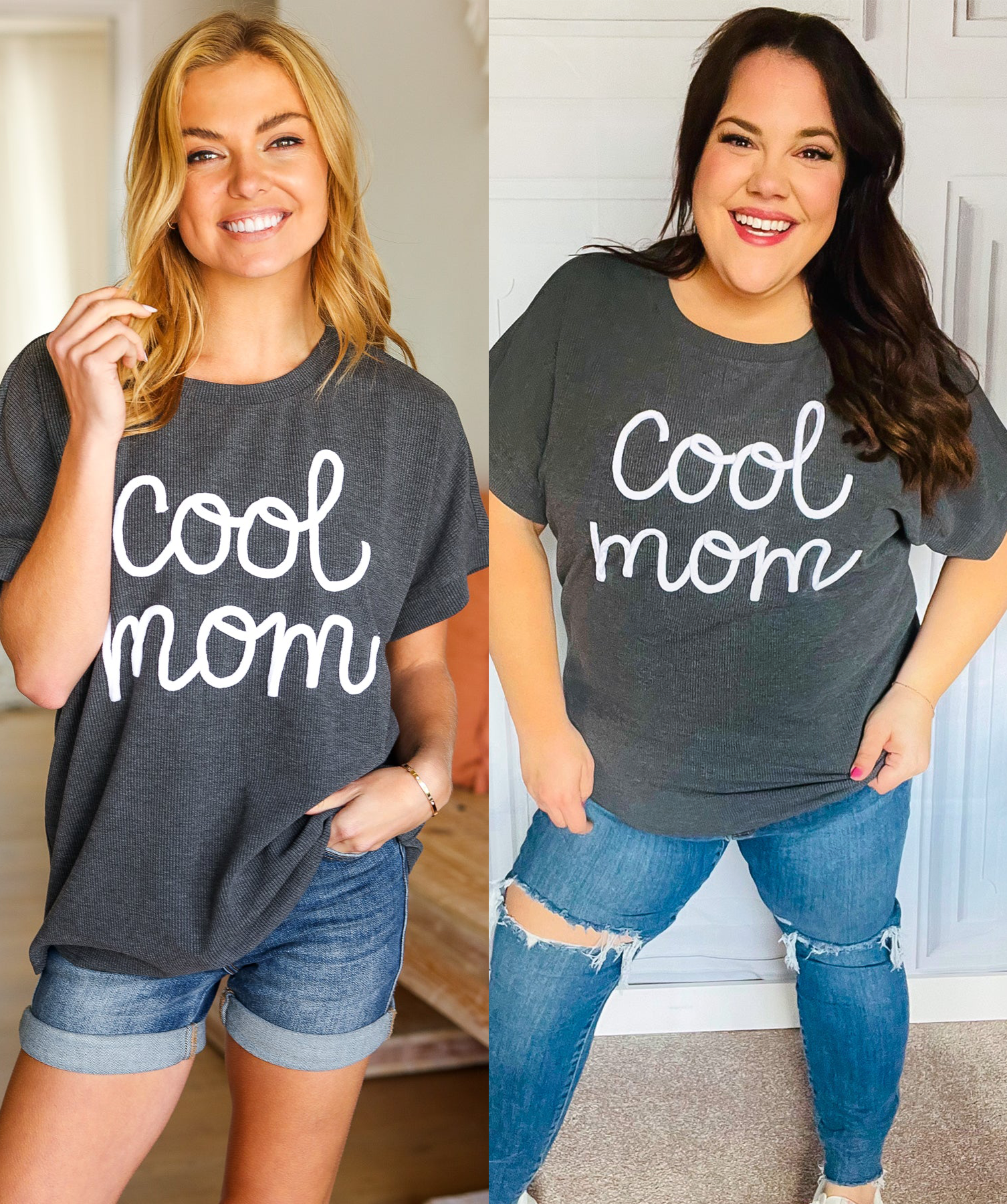 Charcoal "Cool Mom" Embroidery Pop-Up Rib Dolman Top