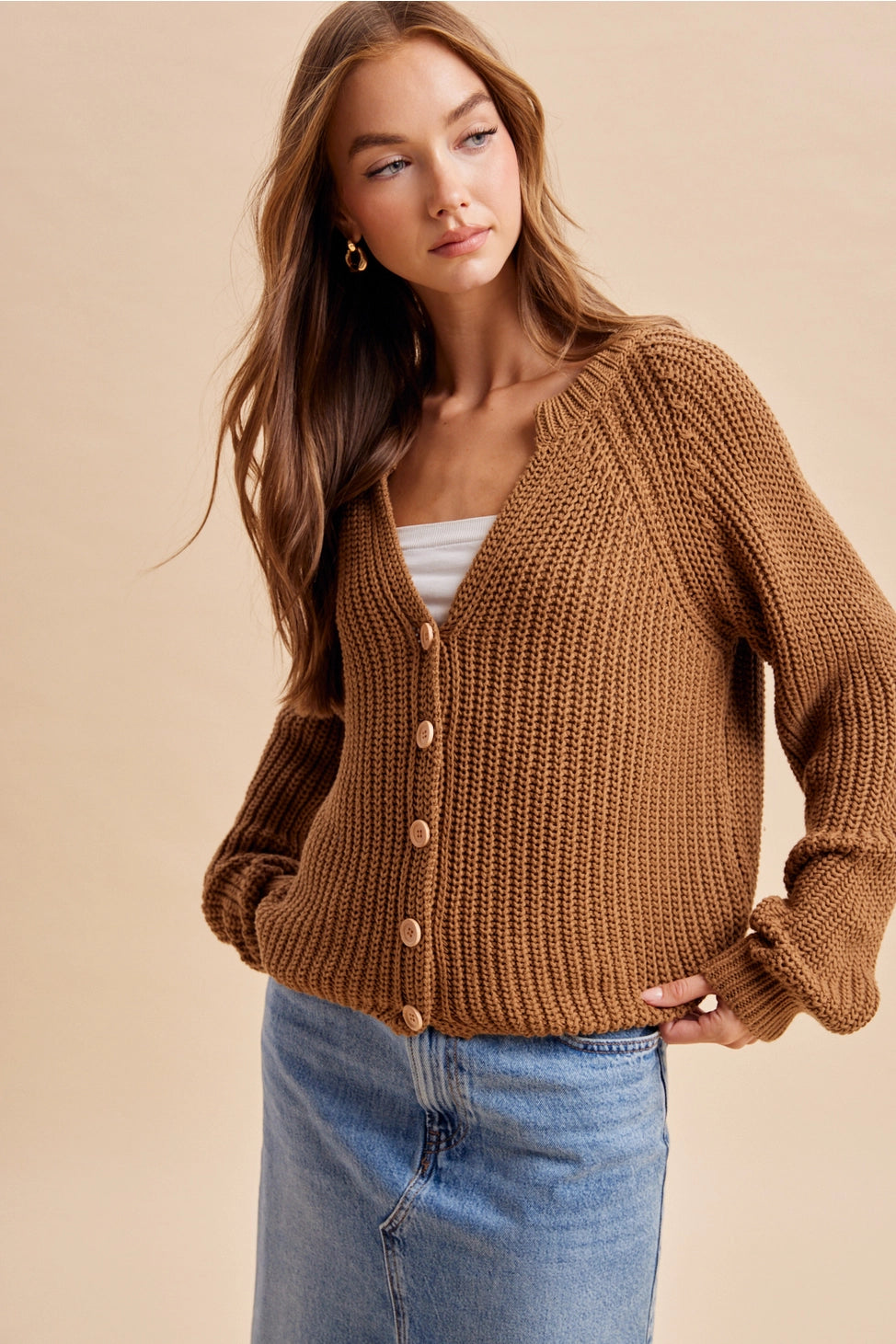 Autumn Harvest Chunky Knit Cotton Cardigan in Carmel