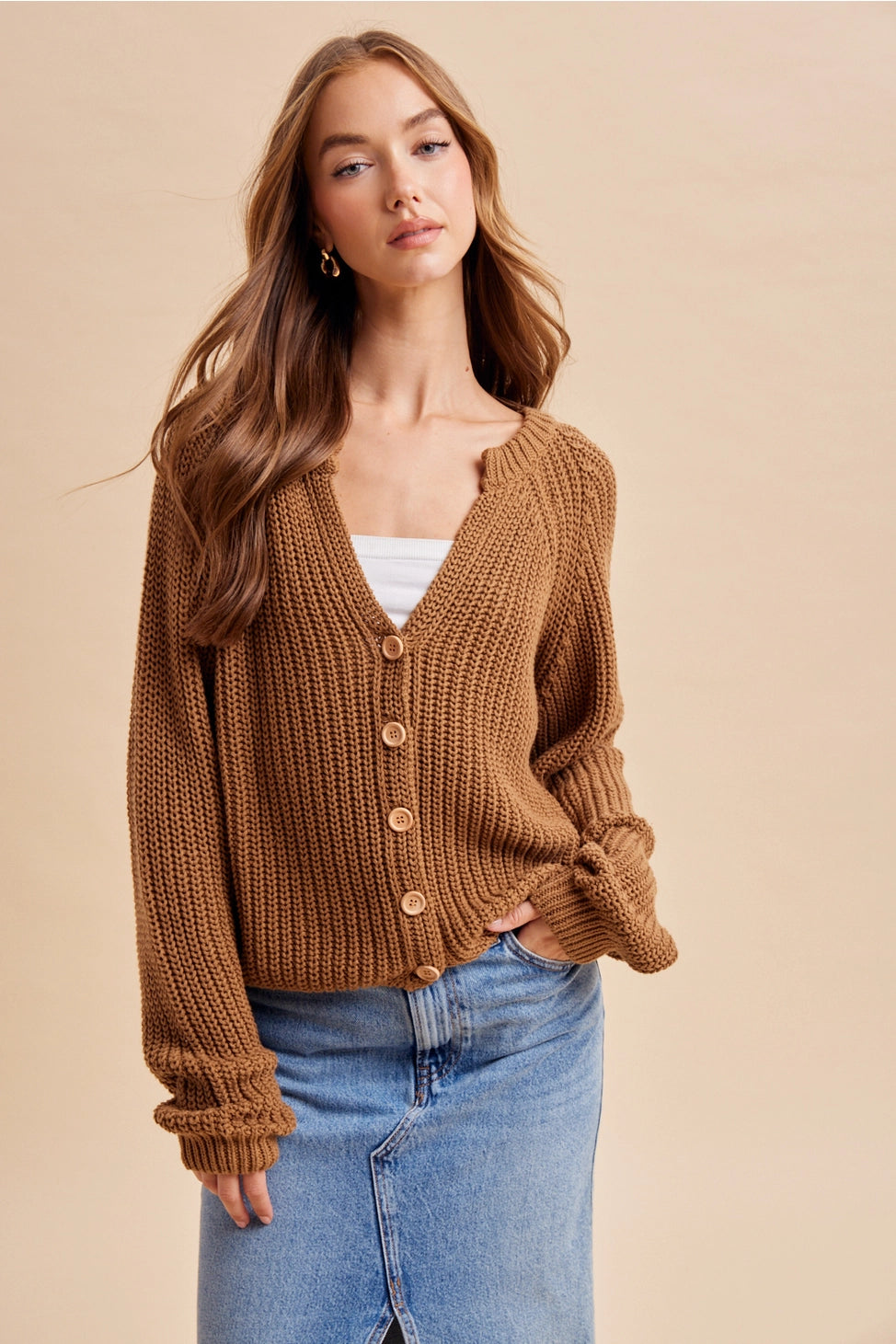 Autumn Harvest Chunky Knit Cotton Cardigan in Carmel