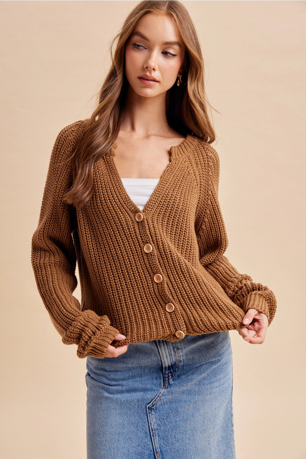 Autumn Harvest Chunky Knit Cotton Cardigan in Carmel