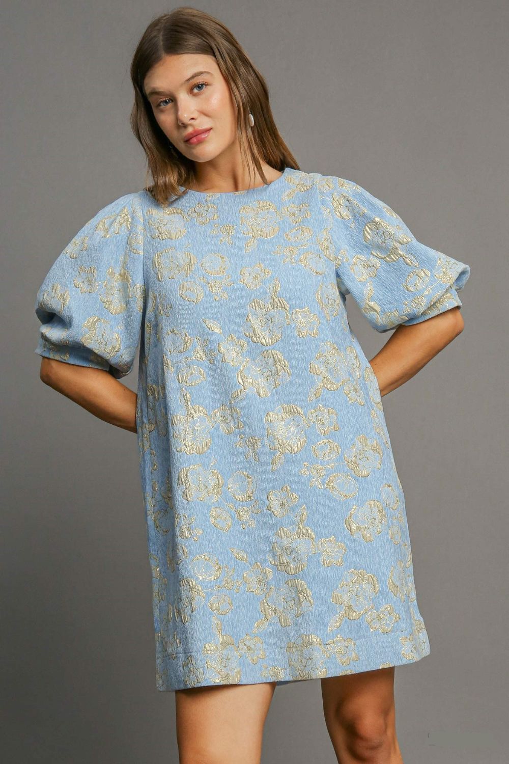 Blue Sky’s Floral Jacquard Puff Sleeve Shirt Dress