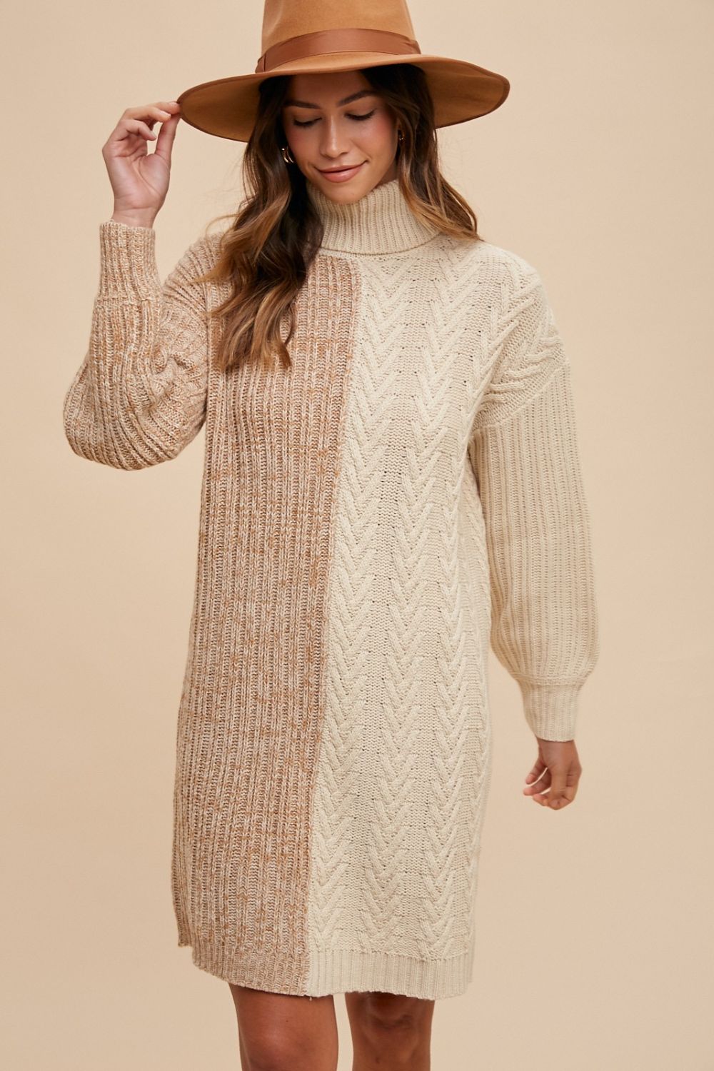 Cozy Contrast Turtleneck Knit Dress