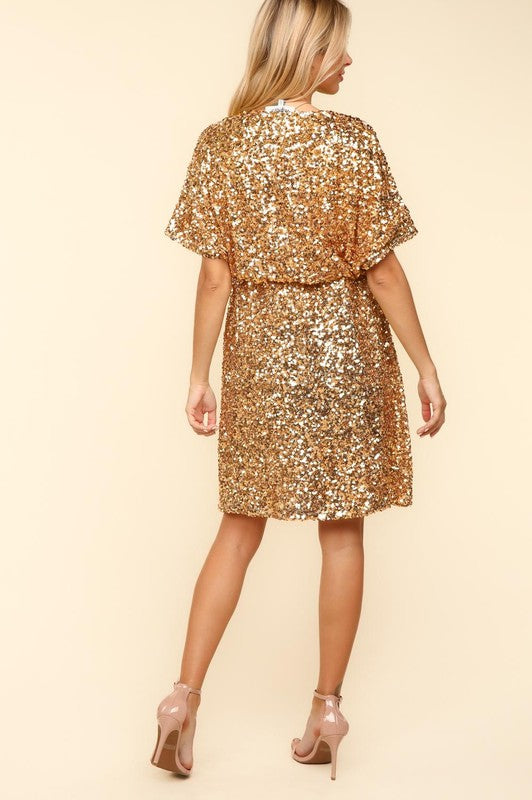 New Year Diva Dolman Gold Sequined Lined Babydoll Dress