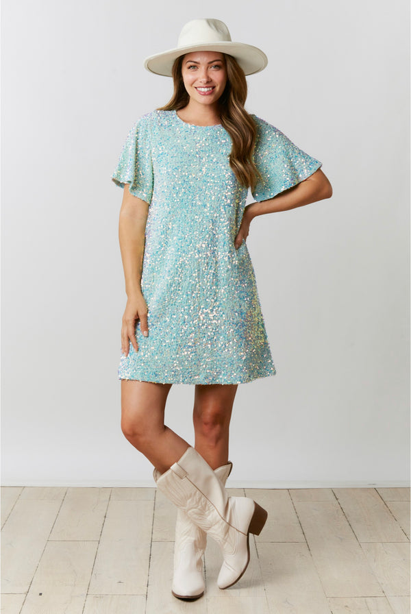 Taylor Swifty Sequin Shirt Dress In Teal Blue