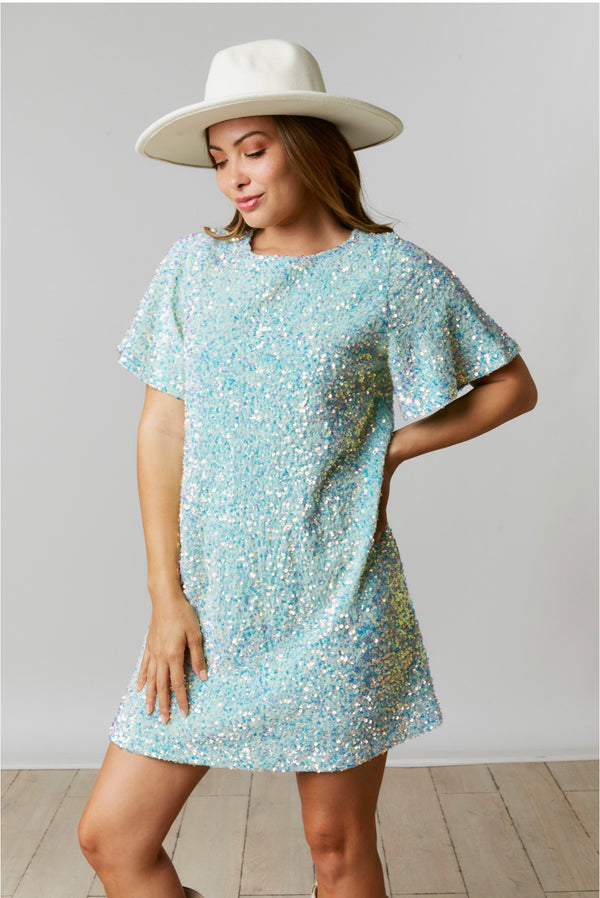 Taylor Swifty Sequin Shirt Dress In Teal Blue