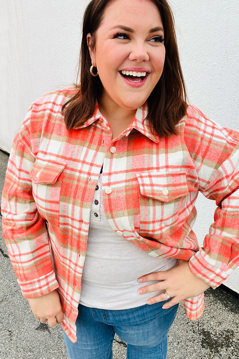 Orange Plaid Flannel Button Down Shacket -SALE-