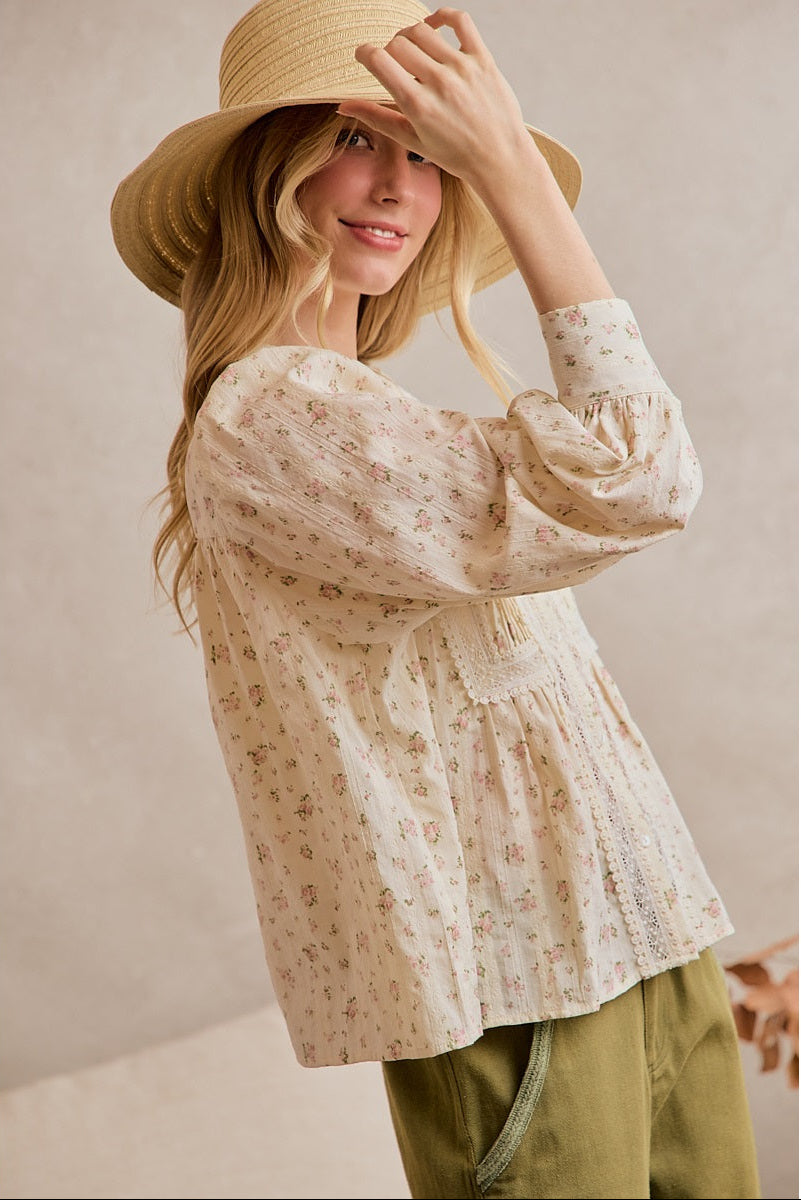 Dainty Fall Floral Lace Cotton Blouse