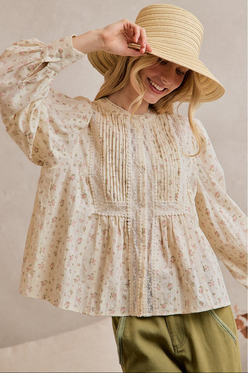 Dainty Fall Floral Lace Cotton Blouse