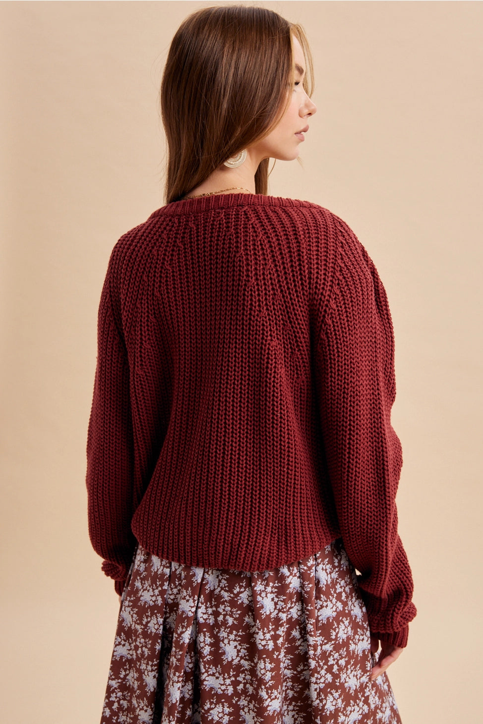 Autumn Harvest Chunky Knit Cotton Cardigan in Wine
