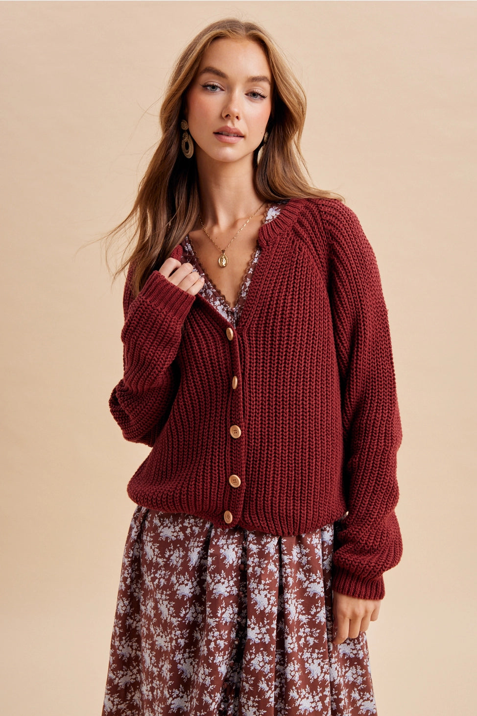 Autumn Harvest Chunky Knit Cotton Cardigan in Wine