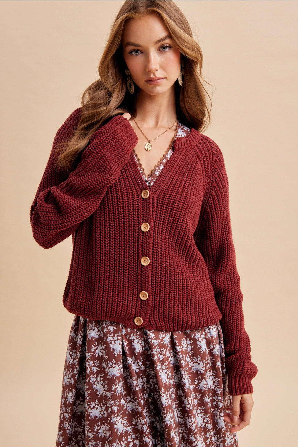 Autumn Harvest Chunky Knit Cotton Cardigan in Wine