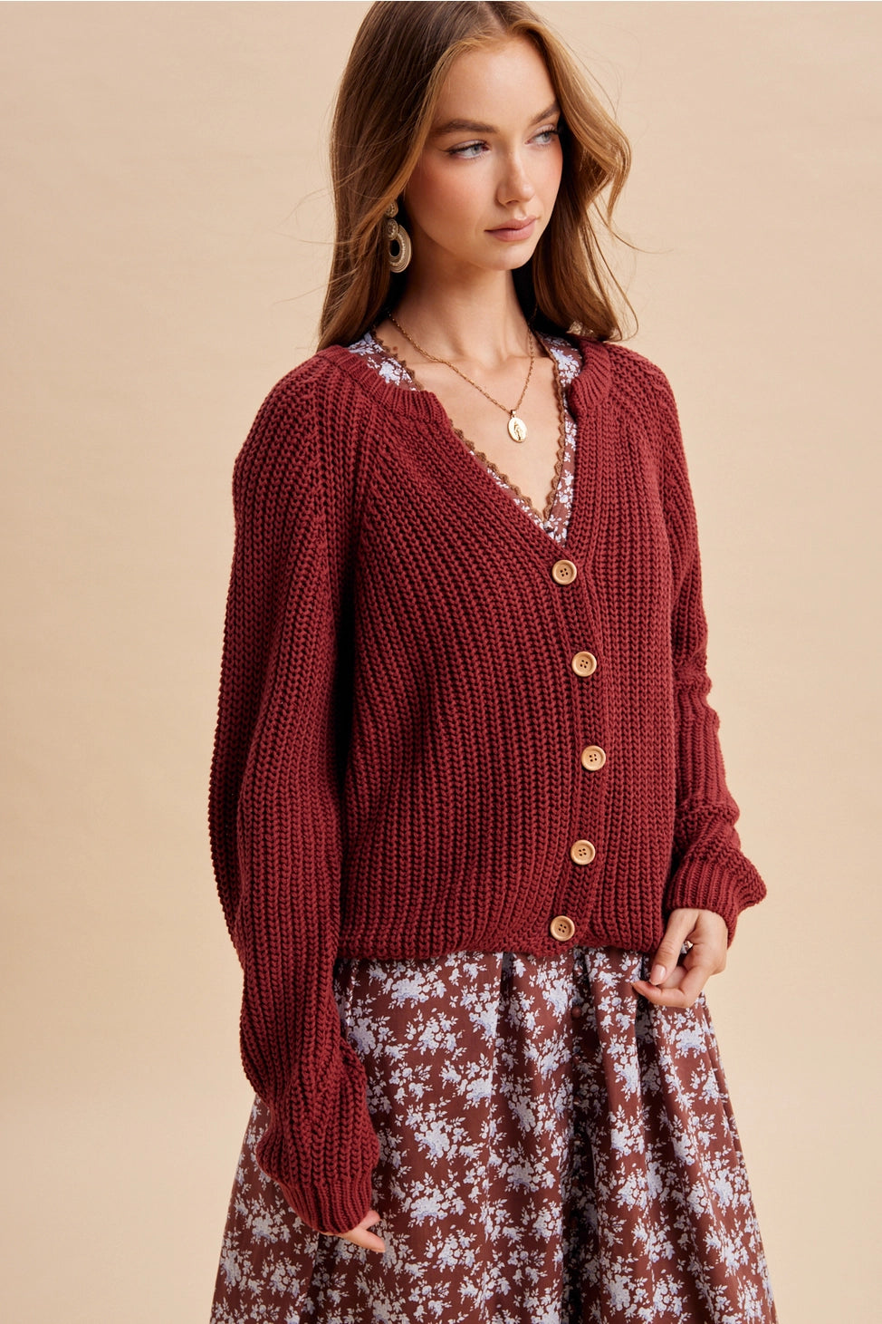 Autumn Harvest Chunky Knit Cotton Cardigan in Wine