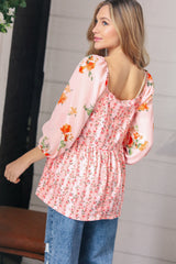 Pink/Red Chiffon Floral Square Neck Babydoll Blouse