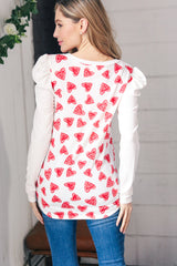 Heart Print French Terry Puff Sleeve Top