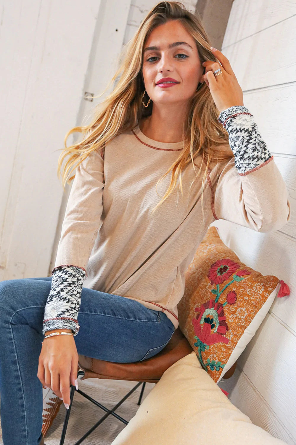 Taupe Cotton Blend Rib Aztec Jacquard Raglan Outseam Top -SALE