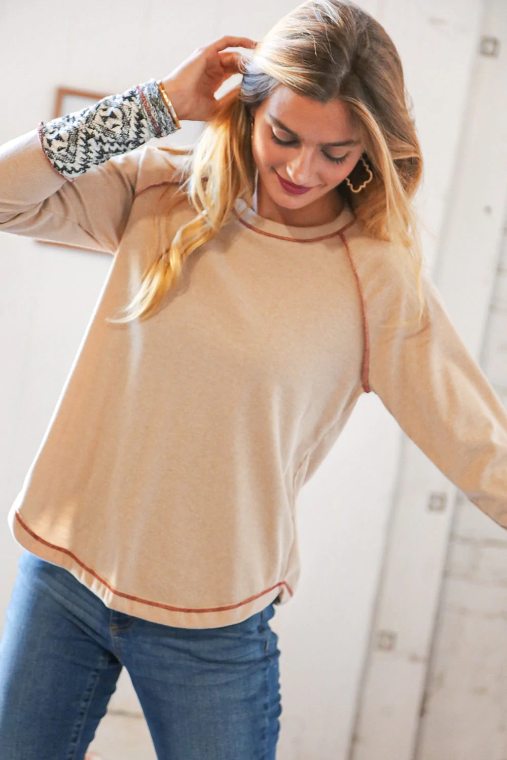 Taupe Cotton Blend Rib Aztec Jacquard Raglan Outseam Top -SALE